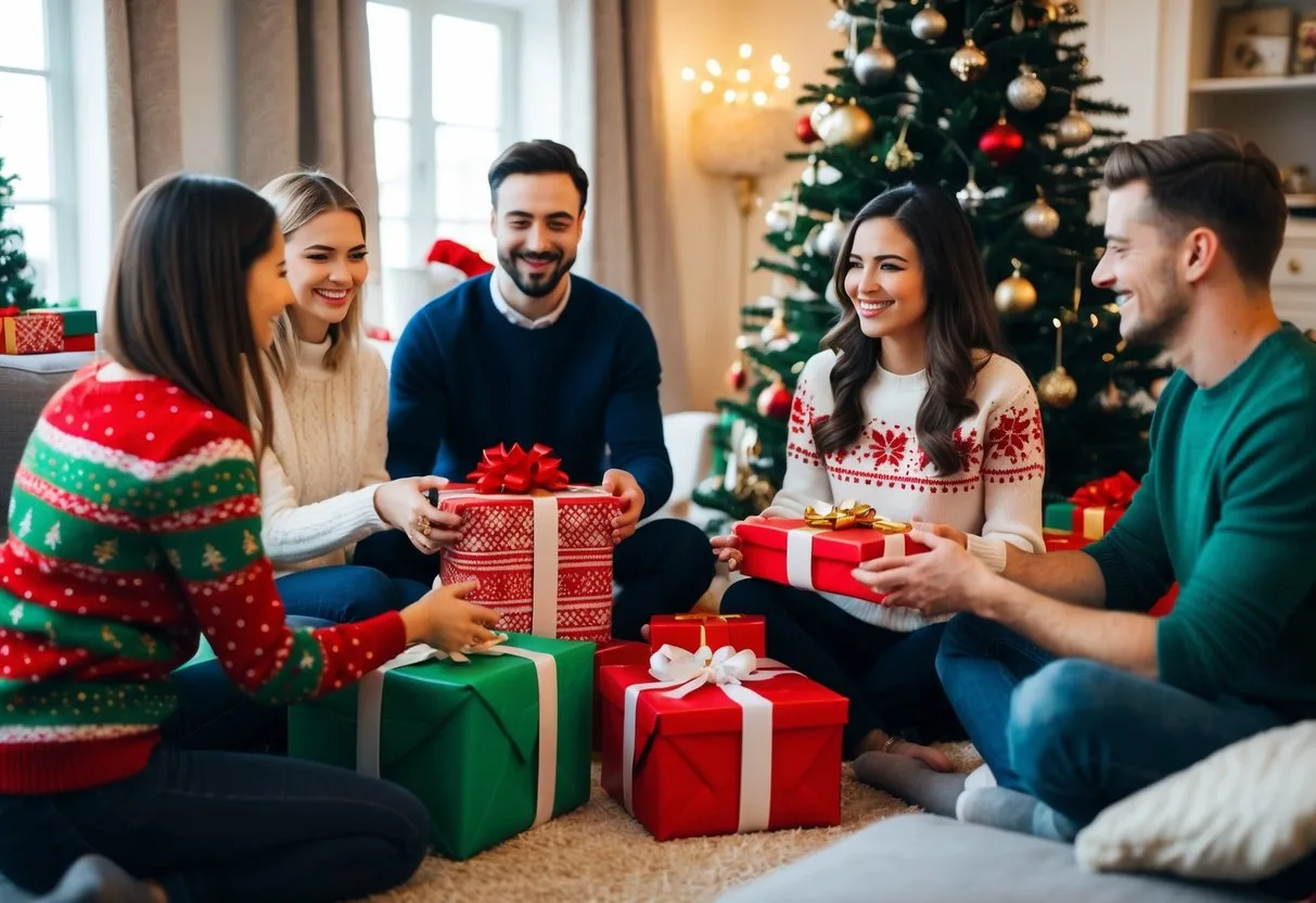 A cozy living room with a Christmas tree and a group of friends exchanging beautifully wrapped gifts one of which is a festive holiday sweater in Danish is
En hyggelig stue med et juletræ og en gruppe venner der udveksler smukt indpakkede gaver hvoraf en er en festlig julesweater